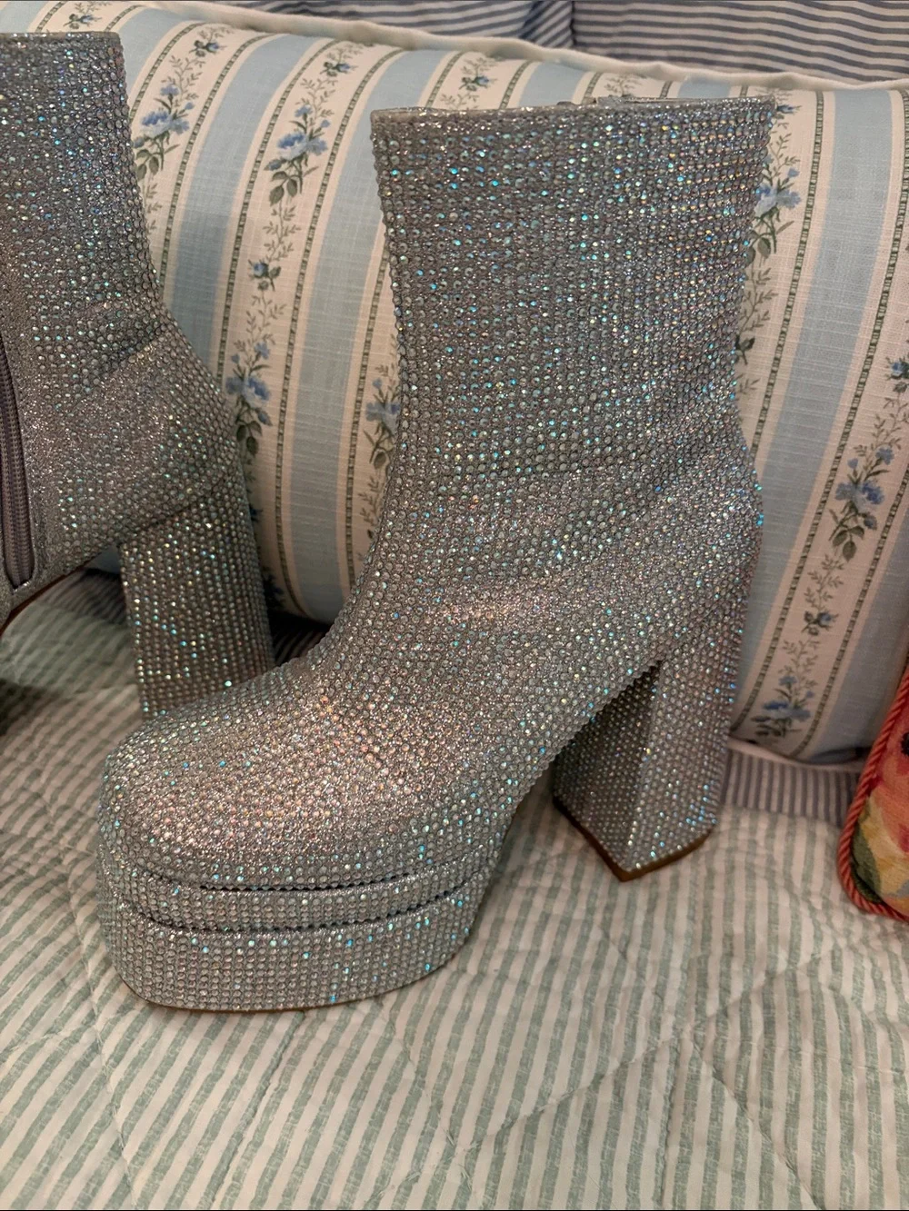 Women's Silver multi color rhinestone Platform Ankle Boots with Block heel